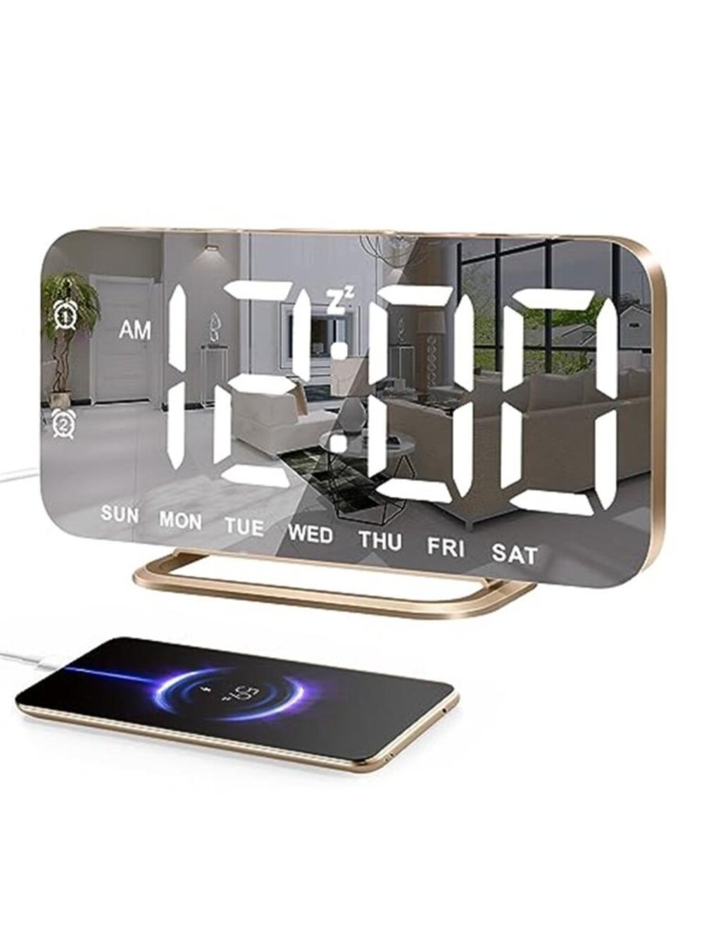 Gold LED Digital Alarm Clock Mirror USB Charger Dual Alarm Large Display